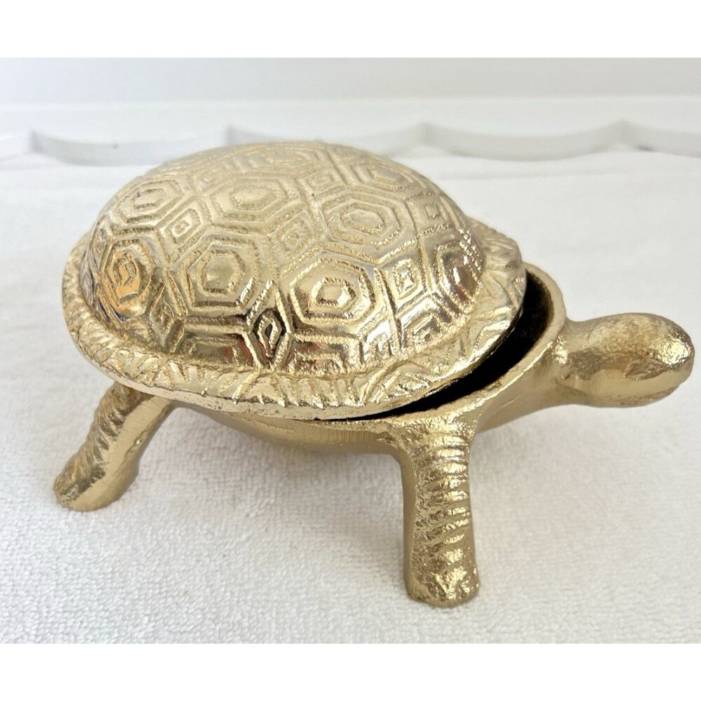 Turtle Trinket Box With Lid Gold Brass 6"L x 5"W Tortoise Shell Lover Gift - Picture 6 of 9